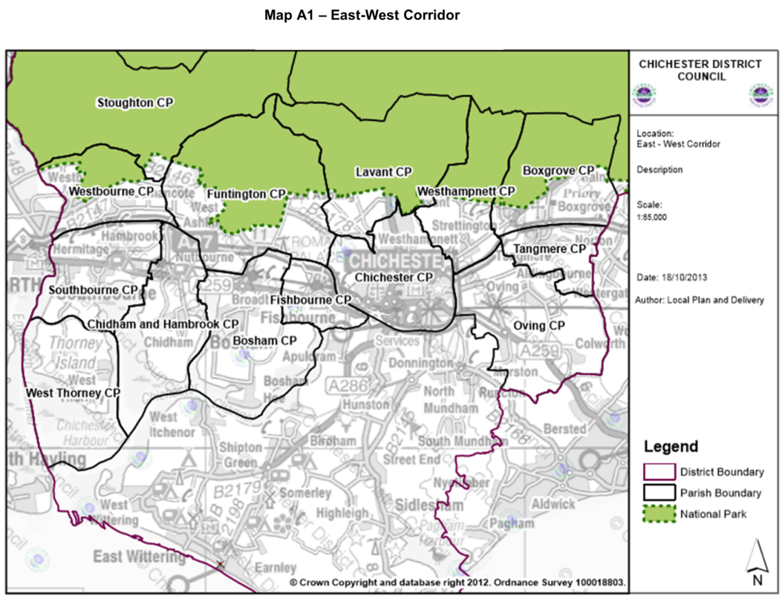 Map A1. East-West Corridor Map. Shows parishes within this part of the plan area. 