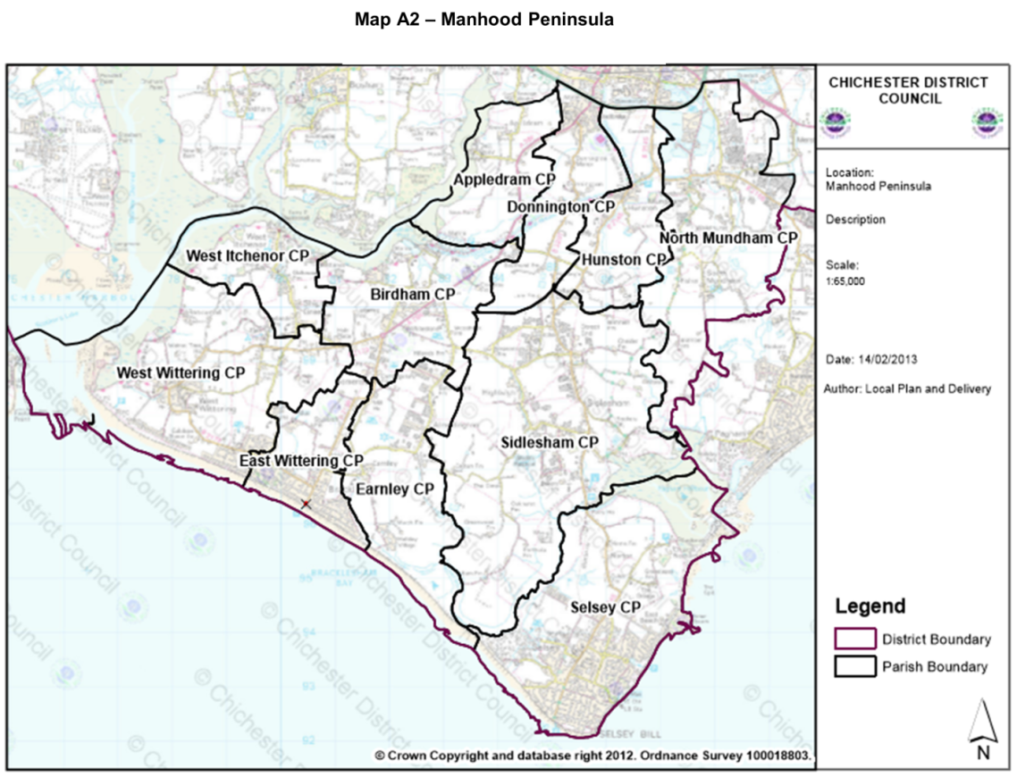 Map A2. Manhood Peninsula Map. Shows parishes within this part of the plan area.