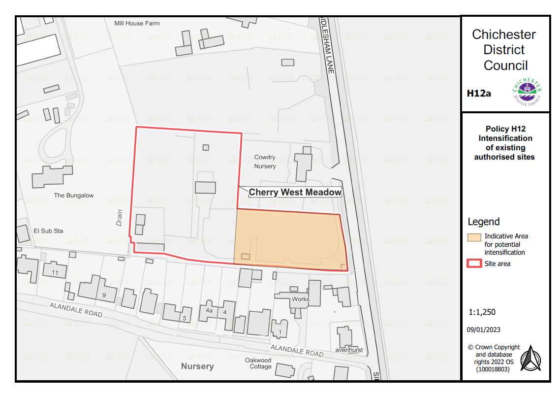 Site H12a Cherry West Meadow, Policy H12 Intensification of existing authorised sites. Yellow = indicative area of potential instensification. Red = Site area