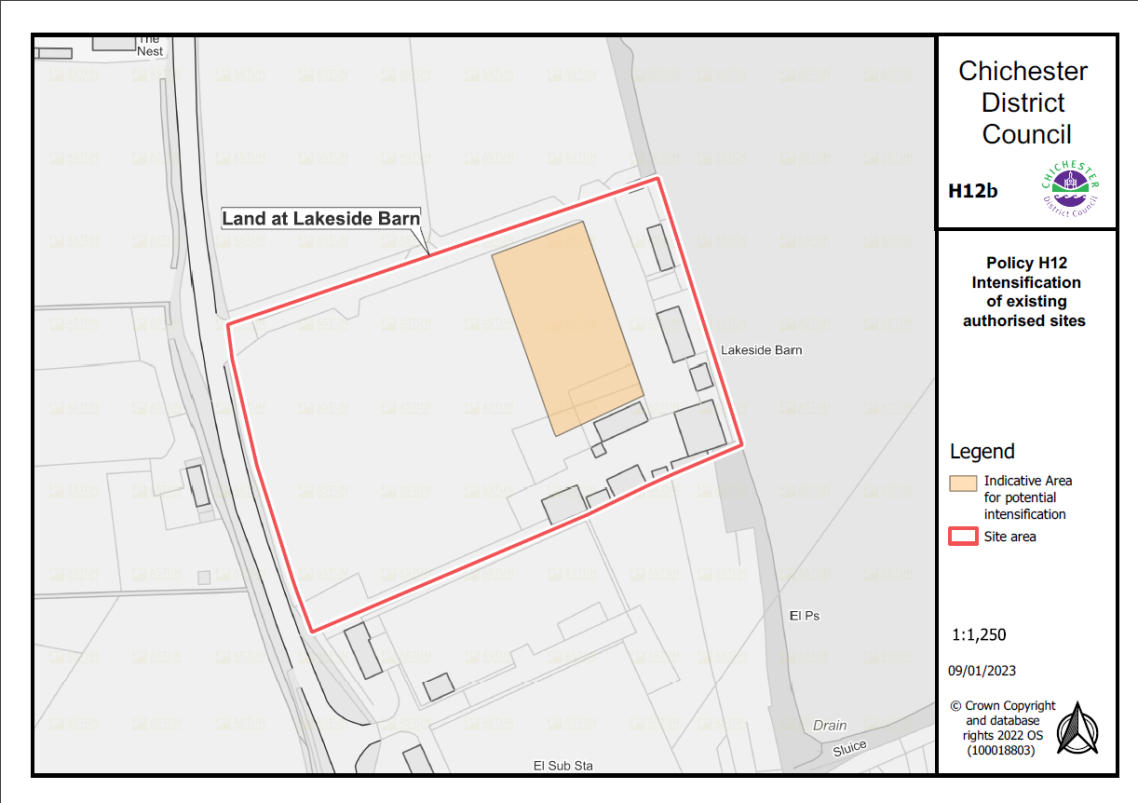 Site H12b Land at Lakeside Barn, Policy H12 Intensification of existing authorised sites. Yellow = indicative area of potential instensification. Red = Site area