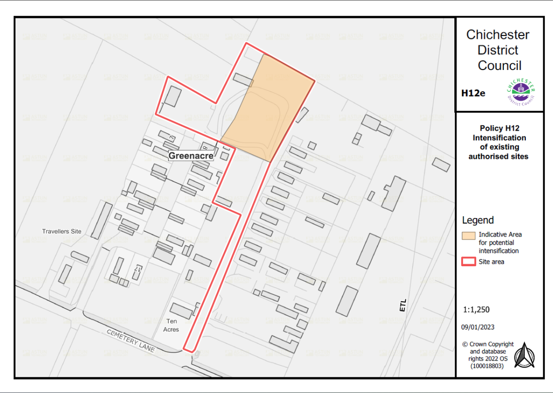 Site H12e Greenacre, Policy H12 Intensification of existing authorised sites. Yellow = indicative area of potential instensification. Red = Site area