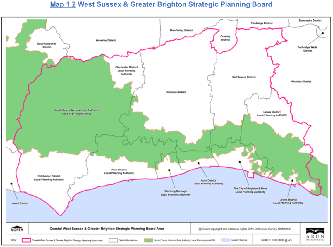 Map 1.1 - West Sussex & Greater Brighton Strategic Planning Board Area Map. The Coastal West Sussex & Greater Brighton Stategic Planning Area is marked with a pink border, the District Boundaries in white and the South Downs National Park Authority Local Planning Authority in green