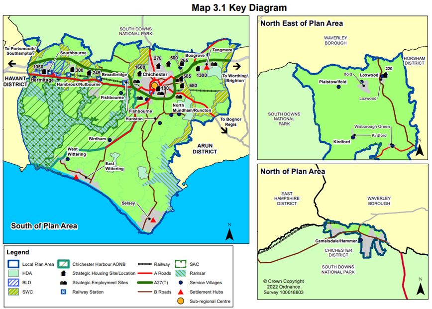 Map 3.1 Key Diagram: North, North East & South of Plan Area.  Marked with the Local Plan Area, HDA, BLD, SWC, Chichester Harbour AONB, Strategic Housing Site/Location, Strategic Employment Sites, Railway Station, Railway, A Roads, A27 (T), B Roads, SAC, Ramsar, Service Villages, Settlement Hubs and Sub-regional Centre