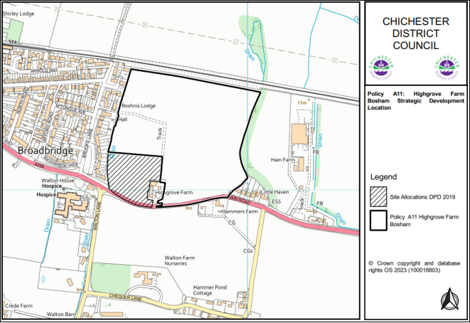 Map 10.7 – Policy A11 Highgrove Farm, Bosham Strategic Development Location (Site allocationss DPD 2019 marked with stripes, black line for Policy A11 Highgrove Farm Bosham)