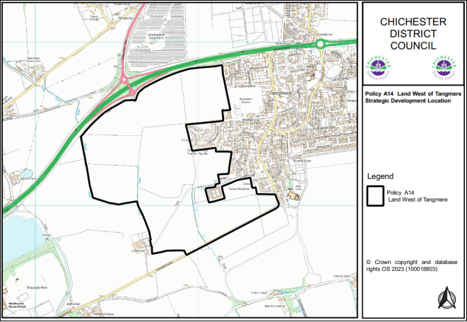 Map 10.8 – Policy A14 Land West of Tangmere Strategic Development Location. Area marked with black line