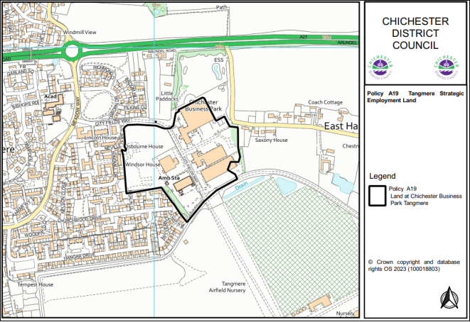 Map 10.9 – Policy A19 Tangmere Strategic Employment Land. Policy A19 Land at Chichester Business Park Tangmere marked with black line