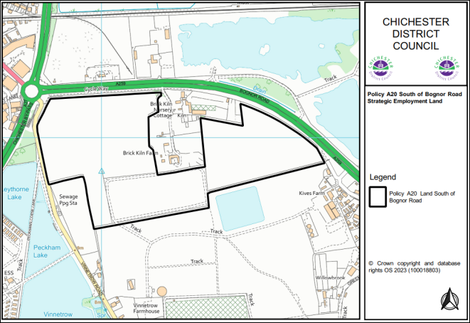 Map 10.10 – Policy A20 South of Bognor Road Strategic Employment Land. Policy A20 Land South of Bognor Road marked with black line 