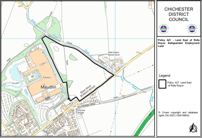 Map 10.11 – Policy A21 Land East of Rolls Royce Safeguarded Employment Land. Policy A21 Land East of Rolls Royce marked with black line