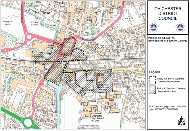 Policies A3, A4 and A5 Development and Southern Gateway. Policy A4 and A5 Southern Gateway Development marked in a dotted line. Policy A3 Souther Gateway Regeneration Area marked with stripes. 