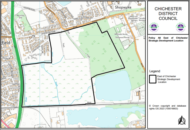 Map 10.4 – Policy A8 East of Chichester Strategic Development Location. Area marked with black line. 