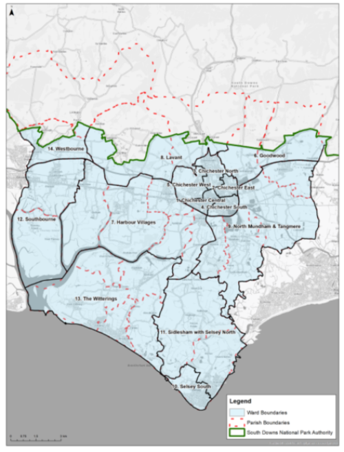 Map highlighting the 14 Ward Boundaries; Parish Boundaries; and South Downs National Park Authority.