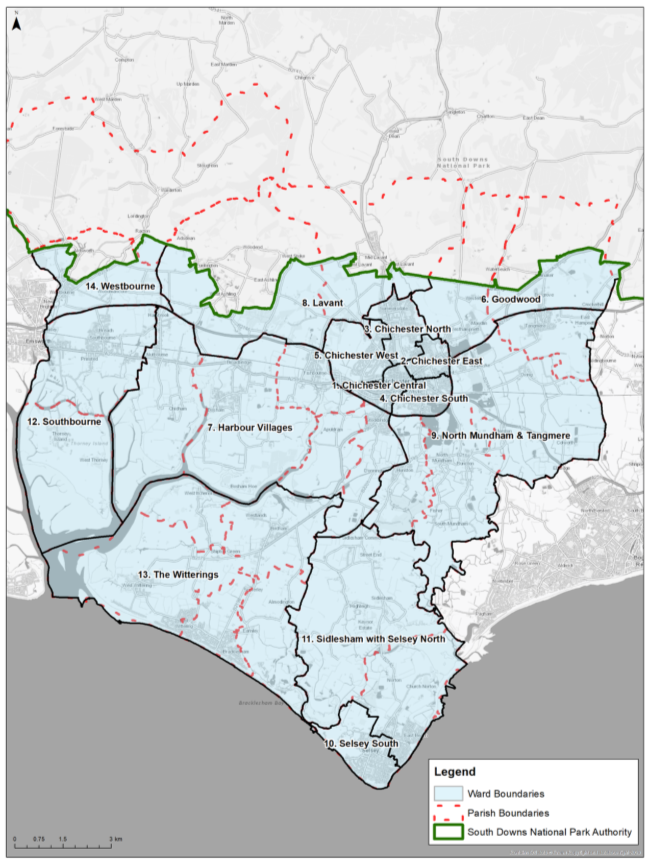 Map highlighting the 14 Ward Boundaries; Parish Boundaries; and South Downs National Park Authority.