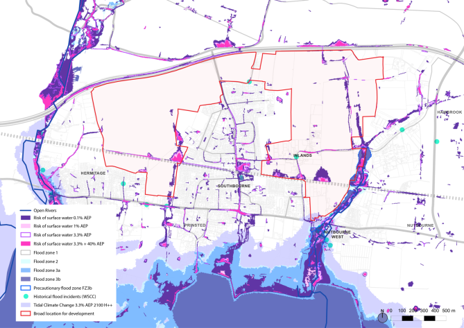 Map showing the areas of flood risk for all sources of flooding within the parish. This shows some areas of surface water flooding within the BLD area, along with flood zones along the edge and to the south of the BLD area