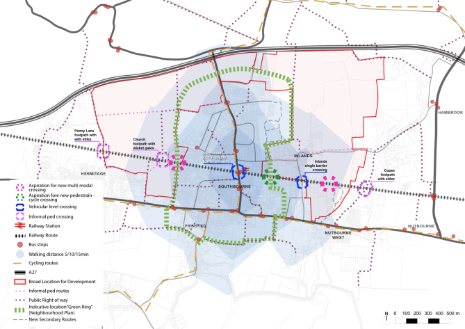 Map showing the key features of the parish in relation to movement and connectivity, particularly the various pedestrian and vehicular level crossings.