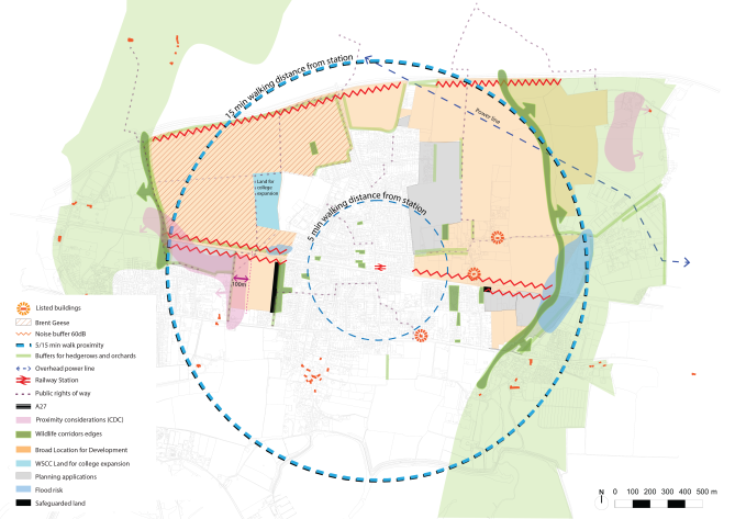 Map showing the key constraints and opportunities, which is informed by the analysis covered in the earlier sections of this document, for example in relation to connectivity and movement with respect to the railway station