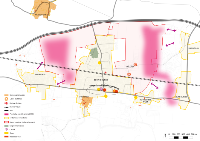 Map showing the key features of the parish in relation to built form and heritage, including two listed buildings on the eastern side of the settlement and a Conservation Area in Prinsted to the south. 