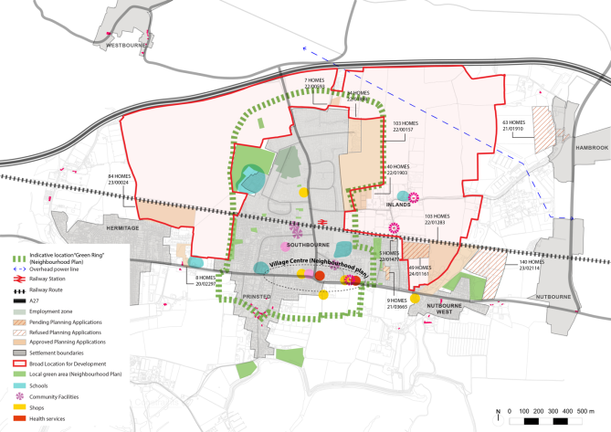 Map showing key land-use features within the parish, including education uses, the railway station and a cluster of commercial and community focused uses adjacent to the A259.