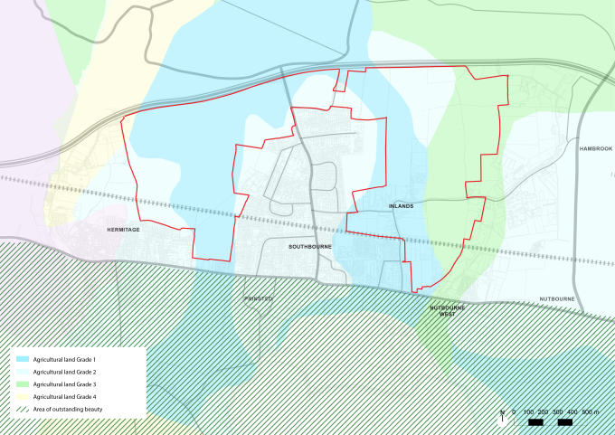 Map showing the agricultural land classifications within the parish, showing large areas of grade 1 and 2 land within the BLD area on either side of the village. 