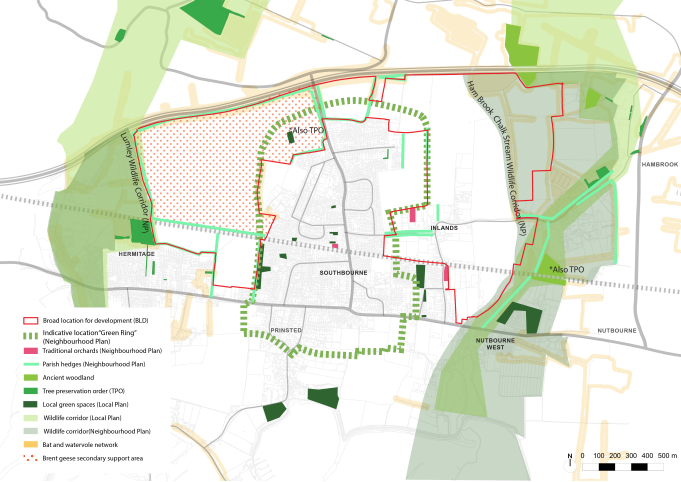 Map showing key wildlife sites within the parish, particularly wildlife corridors on either side of the BLD area. 