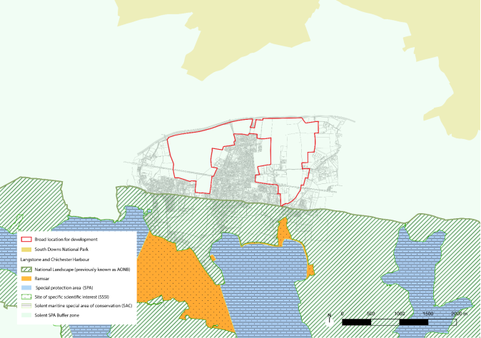 Map showing key landscape designations relevant to the parish, particularly the South Downs National Park to the north and Chichester Harbour National Landscape to the south.