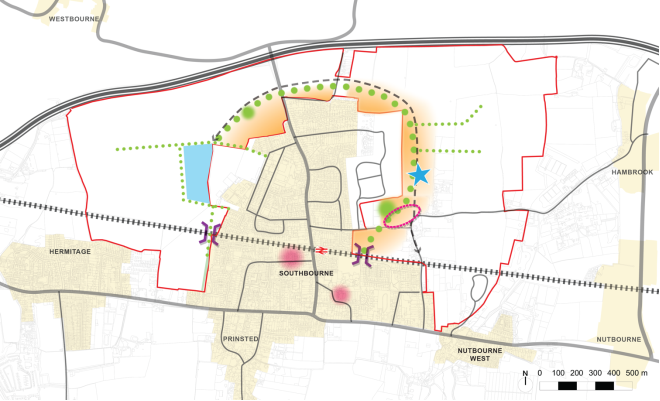 Map showing scenario 3 - the mixed option. This involves development on the eastern and western sides of the settlement, wrapping around the northern part of the village. A pedestrian/cycle bridge is proposed on both the eastern and western sides of the village.  