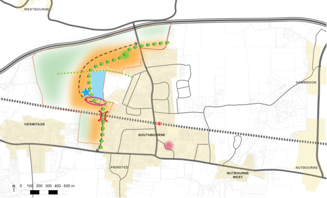 Map showing scenario 1, which involves development on the western side of Southbourne, with a vehicular access point off of Stein Road and a road bridge over the railway line linking the site with the A259. 