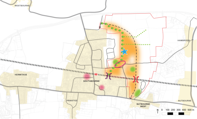 Map showing scenario 2, which involves development on the eastern side of the settlement, with a vehicular access on the north-western edge of the site, a pedestrian/cycle bridge over the railway line on the western side of the site and a road bridge over the railway line on the eastern site linking the site with the A259.  