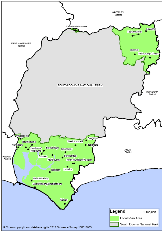 Map 1.1 Chichester Local Plan Area. Map of Chichester District, showing the boundary of the plan area (excluded the South Downs National Park)
