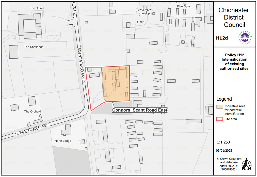 Map for Policy H12: Intensification of existing authorised sites in Connors Scant Road East, with the site area outlined in red and potential intensification areas shaded in orange.