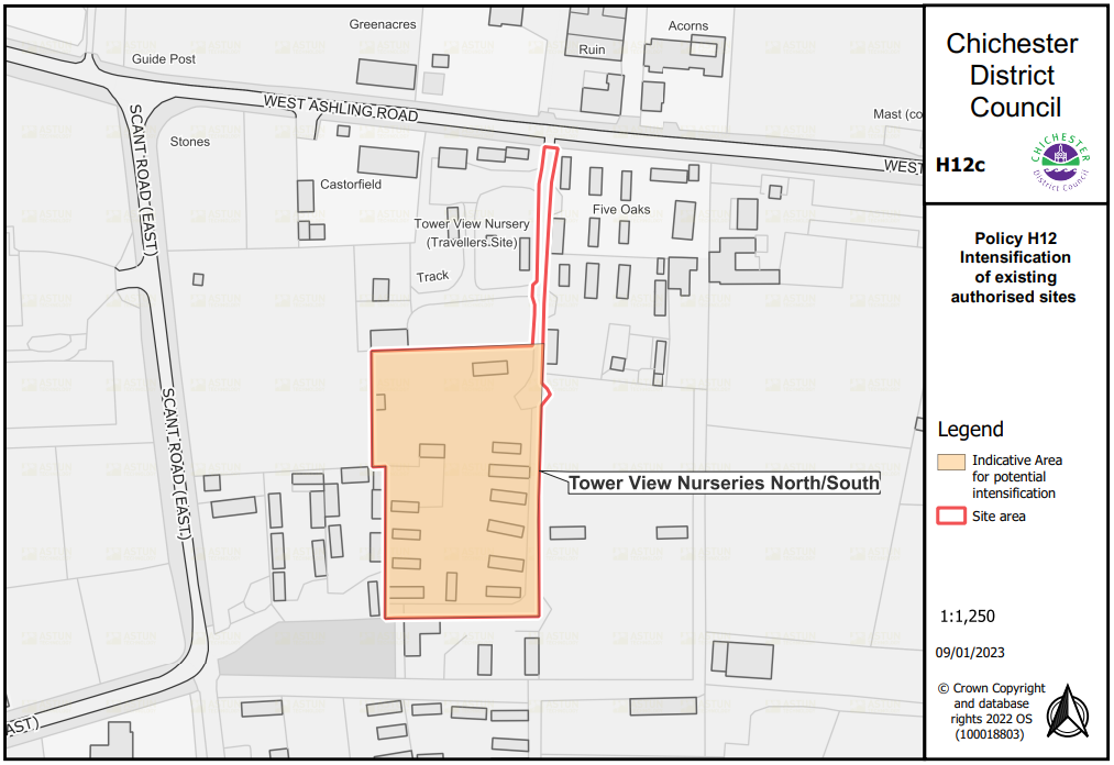Map for Policy H12: Intensification of existing authorised sites in Tower View Nurseries North/South, with the site area outlined in red and potential intensification areas shaded in orange.