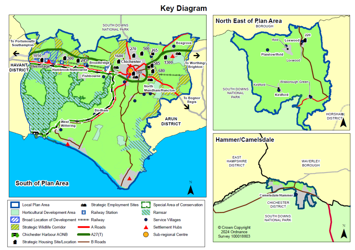 Key Diagram. Maps showing different parts of the plan area, along with key policies including strategic development locations, transport routes and environmental protections. 
