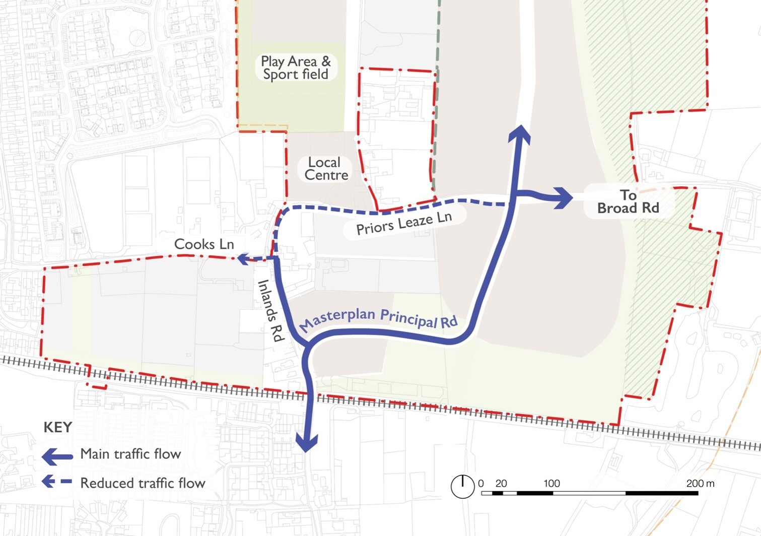 A diagram showing the new highways arrangement for de-prioritising Priors Leaze Lane. This shows how new junctions on Priors Leaze Lane and Inlands Road will need to be designed to direct traffic into the southern parcel of the new development.
