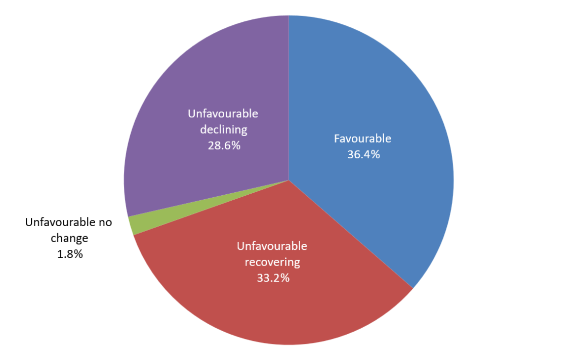 Pie chart with four segments: Favorable 36.4%, Unfavourable recovering 33.2%, Unfavourable declining 28.6%, Unfavourable no change 1.8%