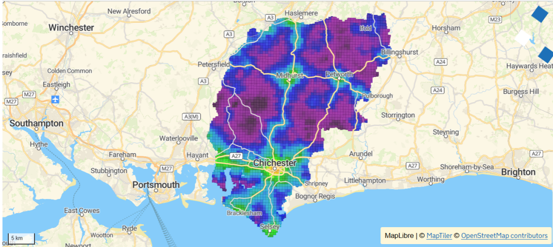 Map showing overall connectivity to overall destinations across Chichester district by overall mode of transport (excluding driving)