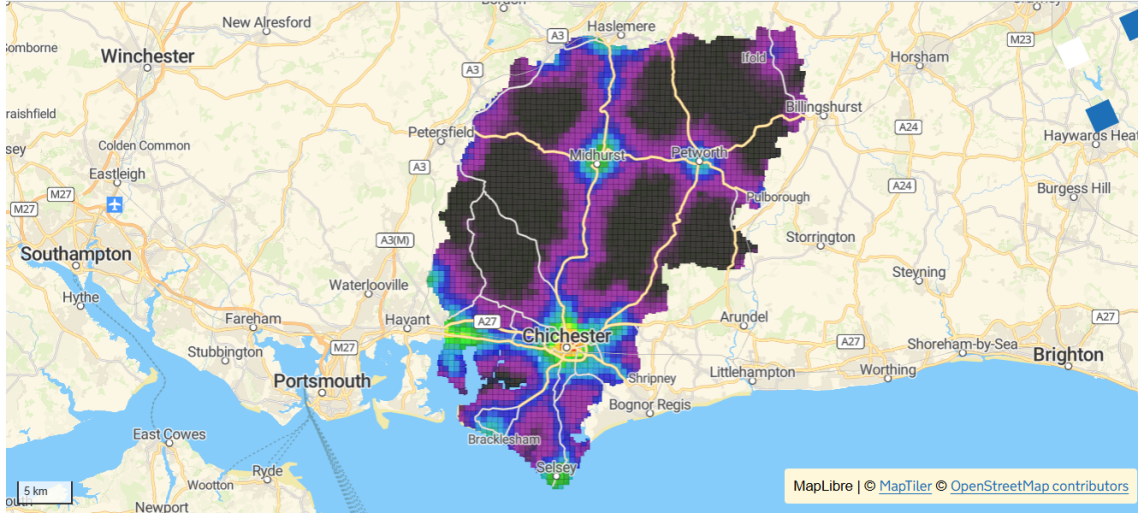 Map showing connectivity across Chichester distrcit of health facilities when accessed by walking, cycling or public transport
