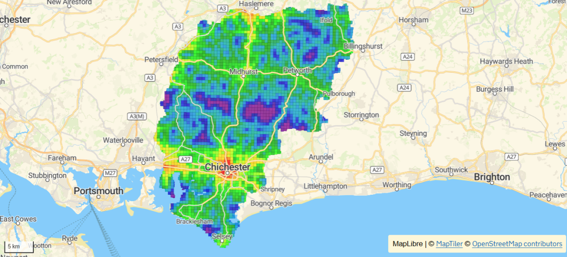 Map showing connectivity across Chichester district of health facilities by car access 